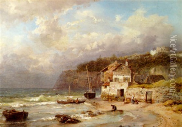 A Coastal Scene With Fishing Smacks, Figures On The Beach And A Storm Threatening Overhead Oil Painting - Paul Marny