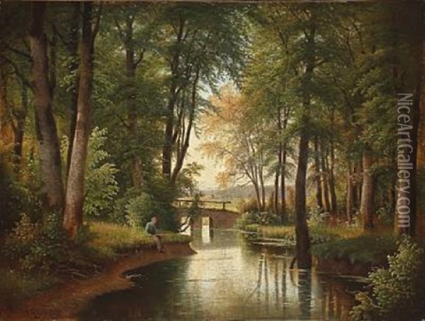 Forest Scene With A Man Fishing In A Wood Stream Oil Painting - Siegfried Hass