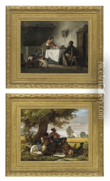 A Family Meal (+ The Picnic; Pair) Oil Painting - Arnoldo Corrodi