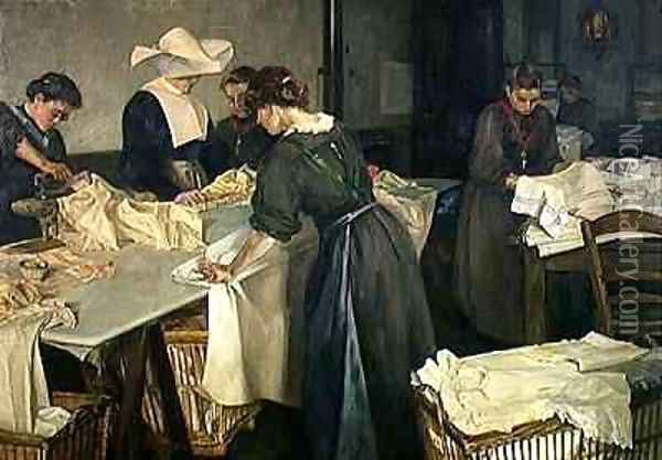 Ironing at the Orphanage Oil Painting - Georges Dervaux