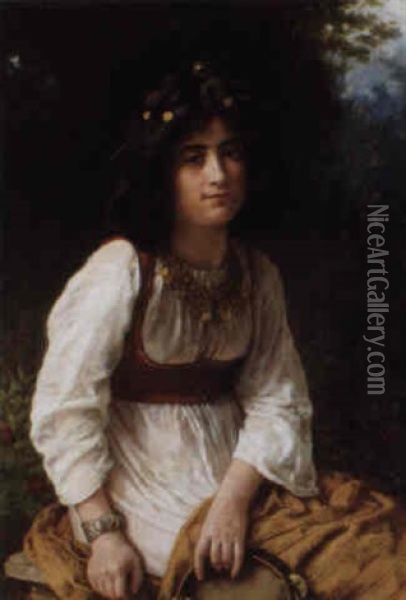 Young Italian Woman With Tambourine Oil Painting - Eugene-Antoine Guillon