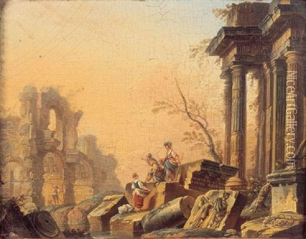 Lavandieres Et Soldats Au Milieu De Ruines Antiques Oil Painting - Pierre Antoine Demachy