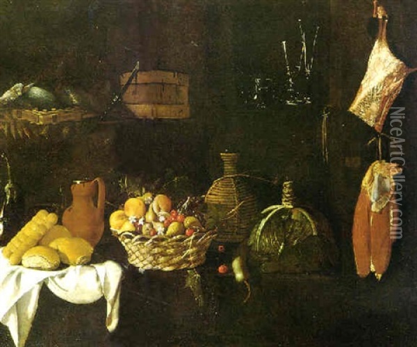 Grande Natura Morta Con Pane, Frutta E Fiori, Fiasche, Bicchieri, Carne Appesa Oil Painting - Giuseppe Recco