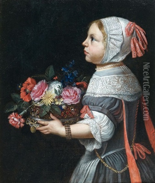 Jeune Fille Portant Une Corbeille De Fleurs Oil Painting - Abraham Lambertsz Jacobsz van den Tempel