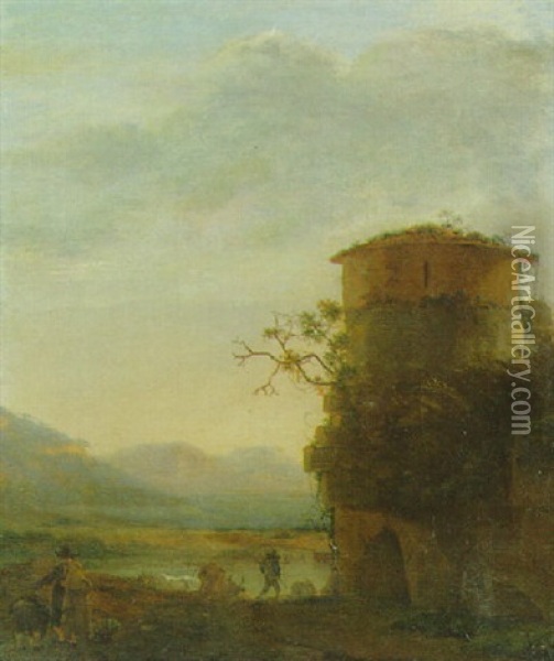 Peasants And Cattle Beside A Tower In An Extensive Landscape Oil Painting - Jan Asselijn