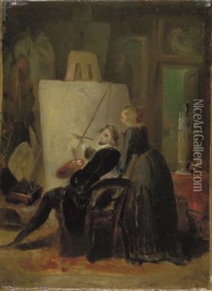 Der Kunstler Mit Seiner Frau Vor Der Staffelei Oil Painting - Friedrich Kaulbach