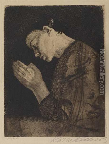 Betendes Madchen. Oil Painting - Kathe Kollwitz