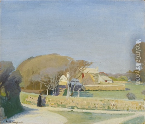 A Cornwall Farmhouse Oil Painting - Harold Harvey