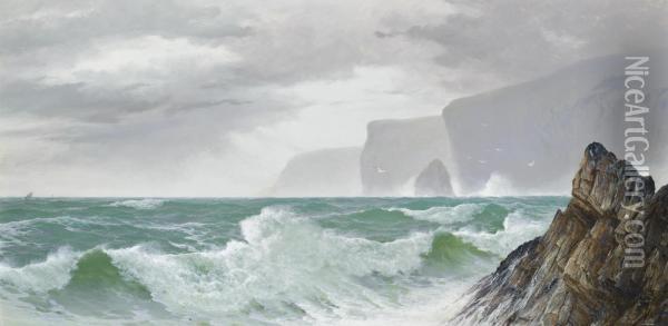 Waves Crashing Onto The Cornish Coast Oil Painting - David James