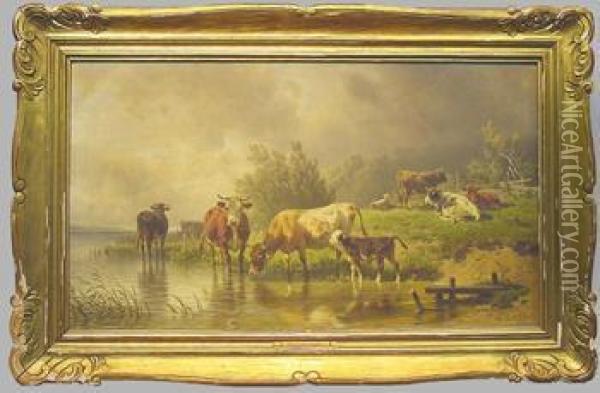 Cattle Watering By Stream Under Darkening Skies Oil Painting - Friedrich Johann Voltz