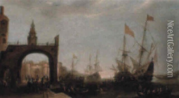A Capriccio Of A Mediterranean Harbour Oil Painting - Bonaventura Peeters the Elder