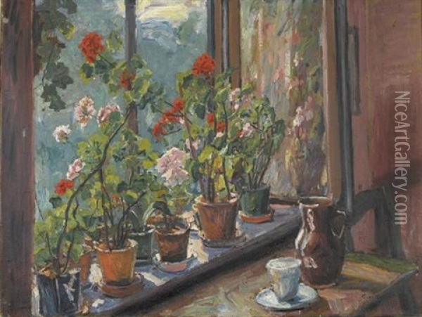 Fensterfront Mit Blumentopfen Oil Painting - Paul Kutscha