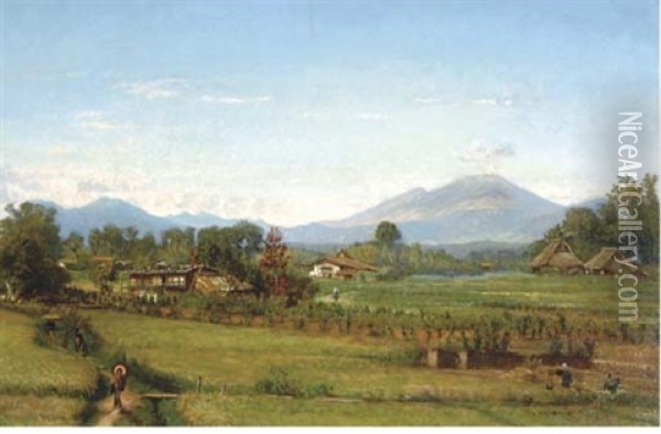 An Extensive Landscape With Pastures, Mount Fuji Beyond Oil Painting - Winckworth Allan Gay