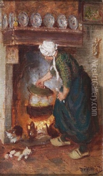 Woman With Cooking Pot Oil Painting - Henricus Mattheus Horrix