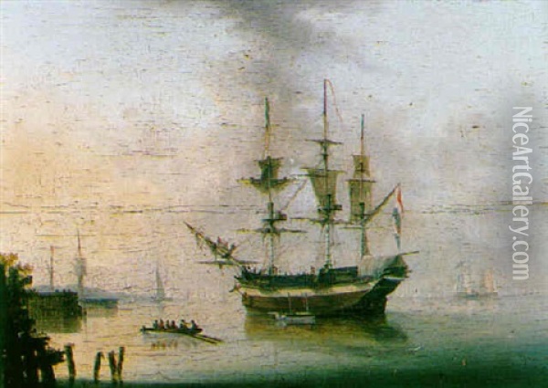 Shipping Off A Coast In A Calm Oil Painting - Dominique de Bast