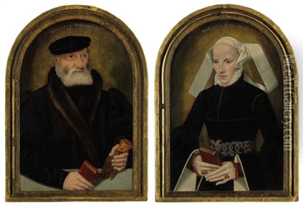Portrait Of A Gentleman With A Glove And A Book (+ A Portrait Of A Lady Holding A Prayer Book; 2 Works) Oil Painting - Bartholomaeus (Barthel) Bruyn the Younger