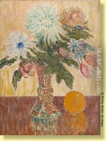 Vase Fleuri Avec Orange Oil Painting - Louis Thevenet