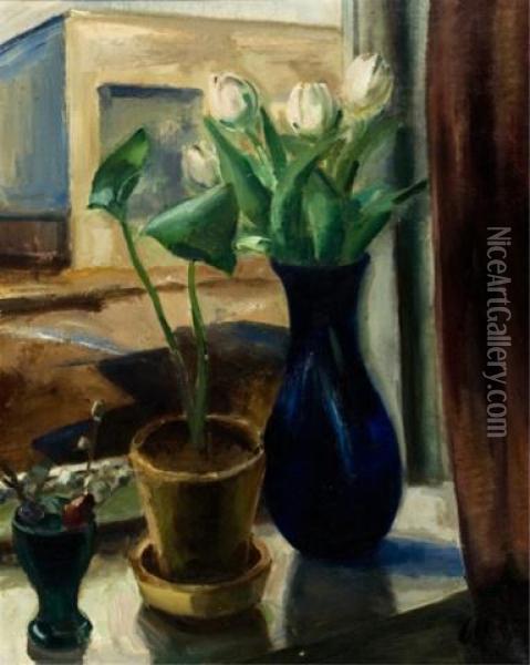 Blue Vase With Flowers Next To Potted Plants Oil Painting - Willy Bille