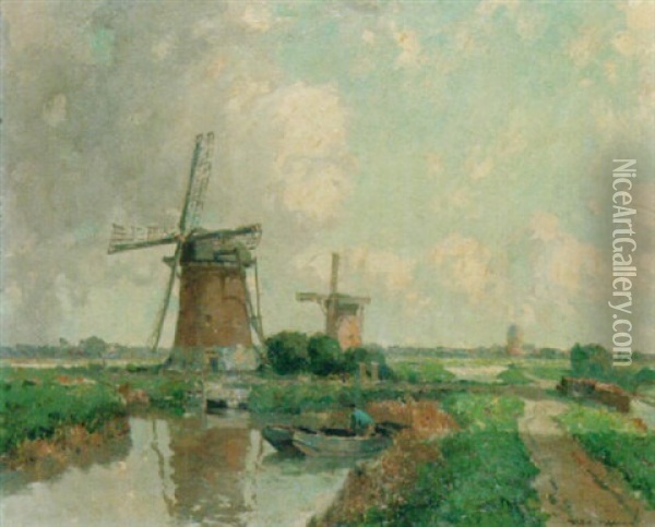 Windmills In A Summer Landscape Oil Painting - Gerard Delfgaauw
