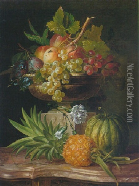 Still Life Of Peaches, Grapes, Plums In A Sculpted Urn And Other Fruit On A Marble-topped Commode Oil Painting - Willem van Leen