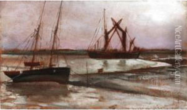 Barges At The Ferry, Benfleet - Canvey; Schooner Oil Painting - Frank P. Stonelake