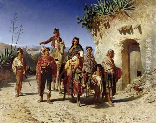 A Gypsy Family on the Road, c.1861 Oil Painting - Achille Zo