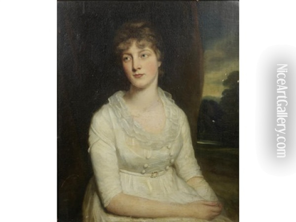 Portrait Of Lady Dickson, Half-length, In A White Dress Seated Before A Landscape Oil Painting - John Opie