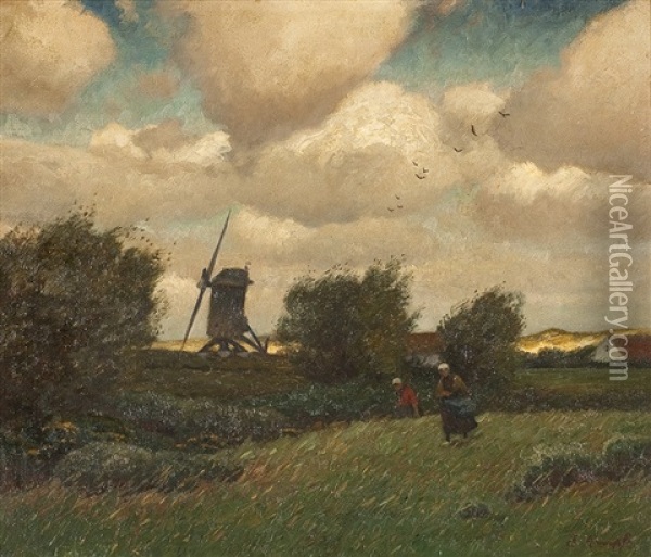 Bauerinnen Auf Dem Feld Vor Einer Windmuhle Oil Painting - Eugen Kampf