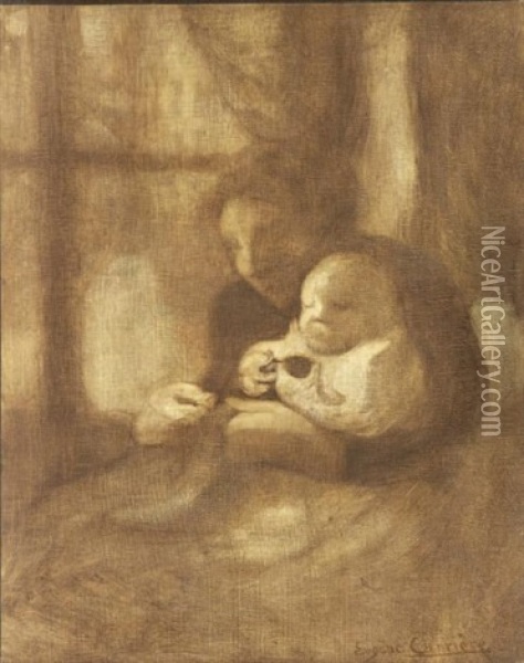 Mere Et Son Enfant Sur Ses Genoux Oil Painting - Eugene Carriere