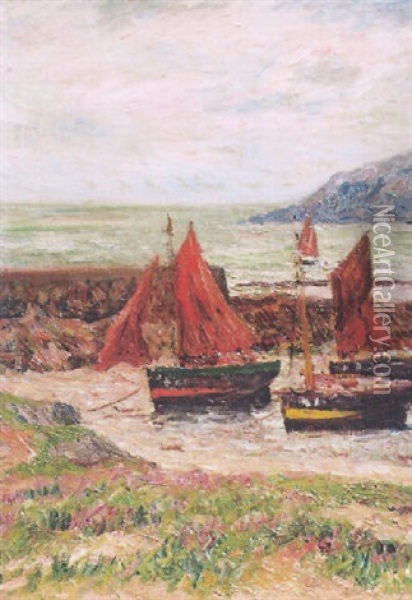 Barques Au Sec Sechant Leurs Voiles Rouges Oil Painting - Henry Moret