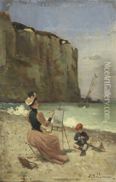 Mere A Son Chevalet Et Son Enfant, Aux Pieds Des Falaises Oil Painting - Jules Frederic Ballavoine