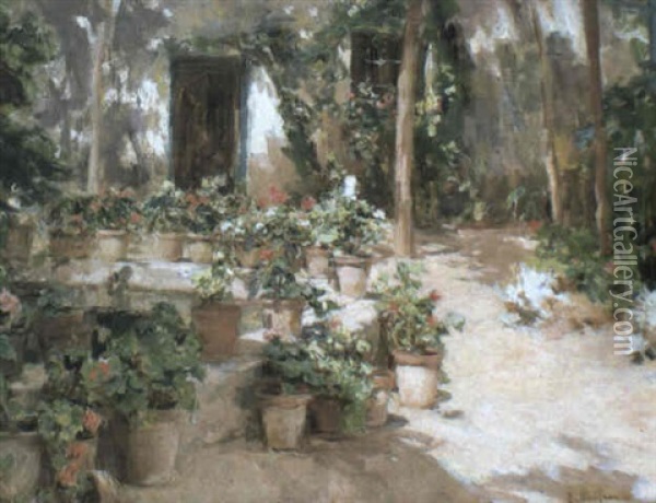 Patio Oil Painting - Eliseo Meifren y Roig