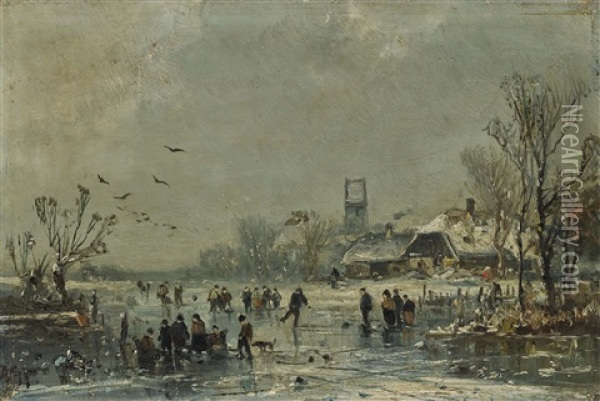 Wintry Landscape With Ice Skaters Oil Painting - Adolf Stademann