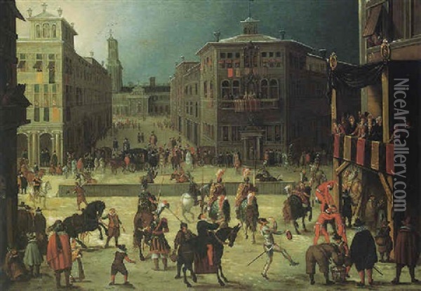 A Scene In A Town With A Tournament, Jousters And Acrobats Performing Before An Audience Oil Painting - Louis de Caullery