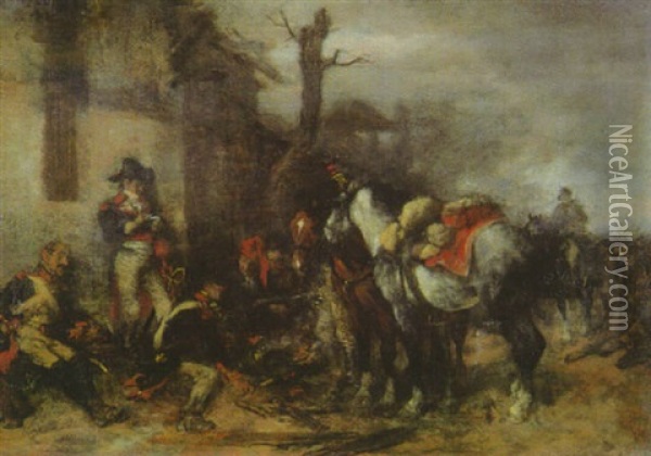 Szene Aus Den Napoleonischen Kriegen: Kavalleristen Und Ihre Pferde Rasten Im Schutze Eines Bauernhauses Oil Painting - Wilhelm Von Diez