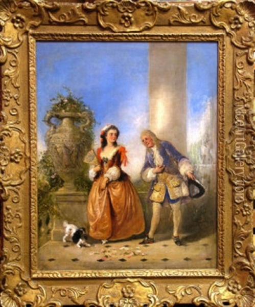 Two Elegant Courting Figures On A Terrace Oil Painting - George Henry Andrews