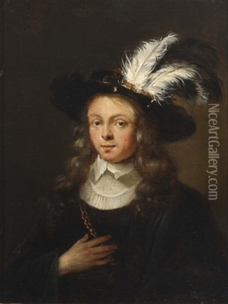 A Portrait Of A Young Man Wearing A Black Coat With White Collar And A Feathered Hat Oil Painting - Ary de Vois