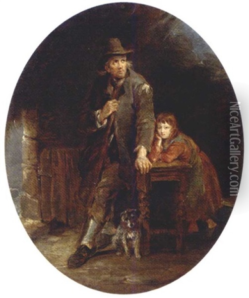 A Man And His Daughter, With A Dog, In A Rustic Interior Oil Painting - Thomas Barker