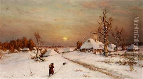 A Winter Landscape At Sunset Oil Painting - Yuliy Yulevich (Julius) Klever