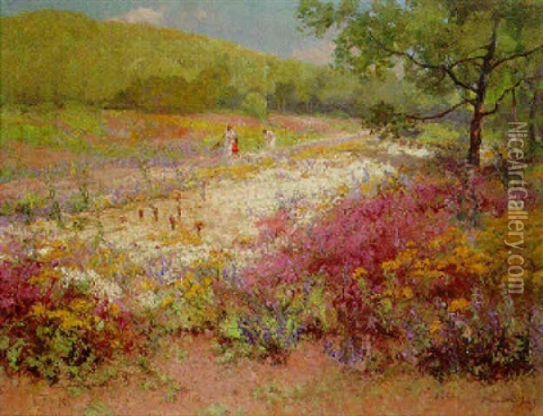 Young Girls Walking In A Flower Meadow Oil Painting - Jenoe Karpathy