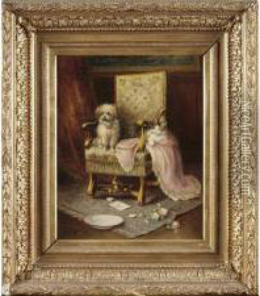 Chien Et Chat Assis Sur Unfauteuil Oil Painting - Jules Leroy