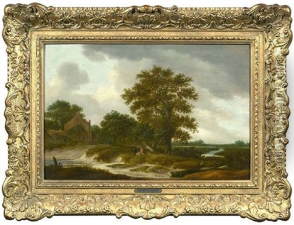 Ausgedehnte Dunenlandschaft Mit Rastenden Bauern Vor Einem Weiler, Rechts Im Hintergrund Angler An Einem Bach Oil Painting - Frans de Hulst