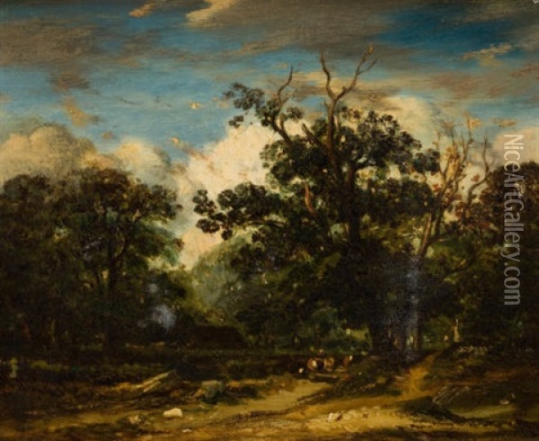 Suffolk Landscape With Cattle, Trees And A Windswept Sky Oil Painting - John Constable