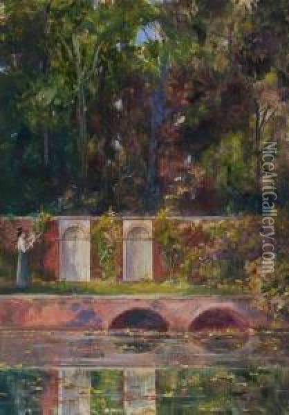 A Quiet Corner, Hampton Court Grounds Oil Painting - Thomas Ralph Spence