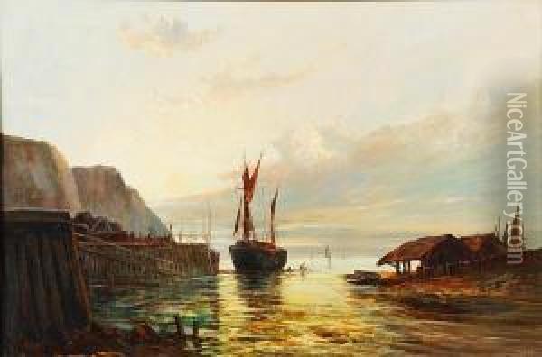 Harbour At Dawn Oil Painting - F.E. Jamieson