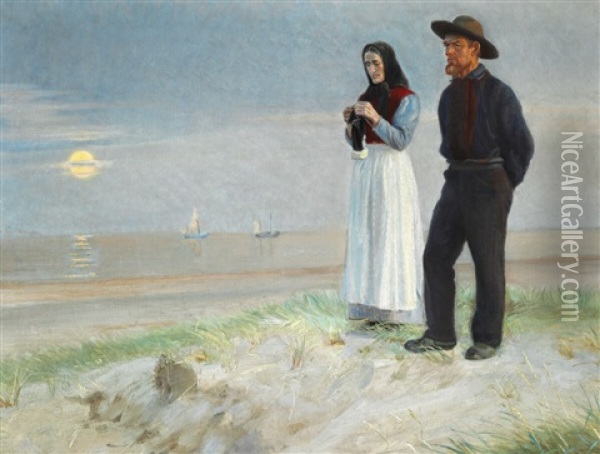 A Fisherman And His Wife On The Beach, Sunset Oil Painting - Michael Peter Ancher