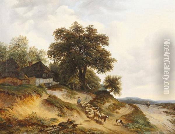 Hilly Landscape With Shepherd Near The Farmhouse. Oil Painting - Jan Baptiste de Jonghe