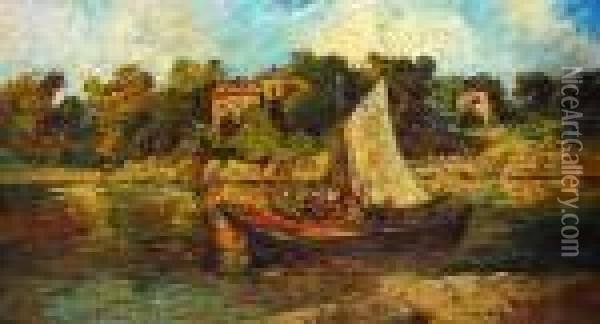 Figures In A Boat On A River With Cottages And Woodland Oil Painting - Adolphe Joseph Th. Monticelli