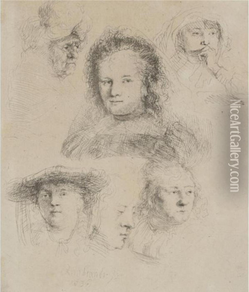 Studies Of The Head Of Saskia And Others (b., Holl. 365; H. 145;bb. 36-b) Oil Painting - Rembrandt Van Rijn