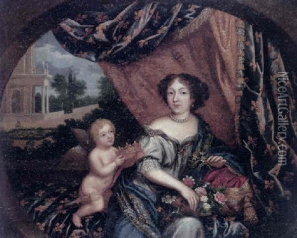 Portrait Of A Bourbon Princess Holding A Basket Of Flowers, Being Presented A Crown By Cupid Oil Painting - Henri Gascars